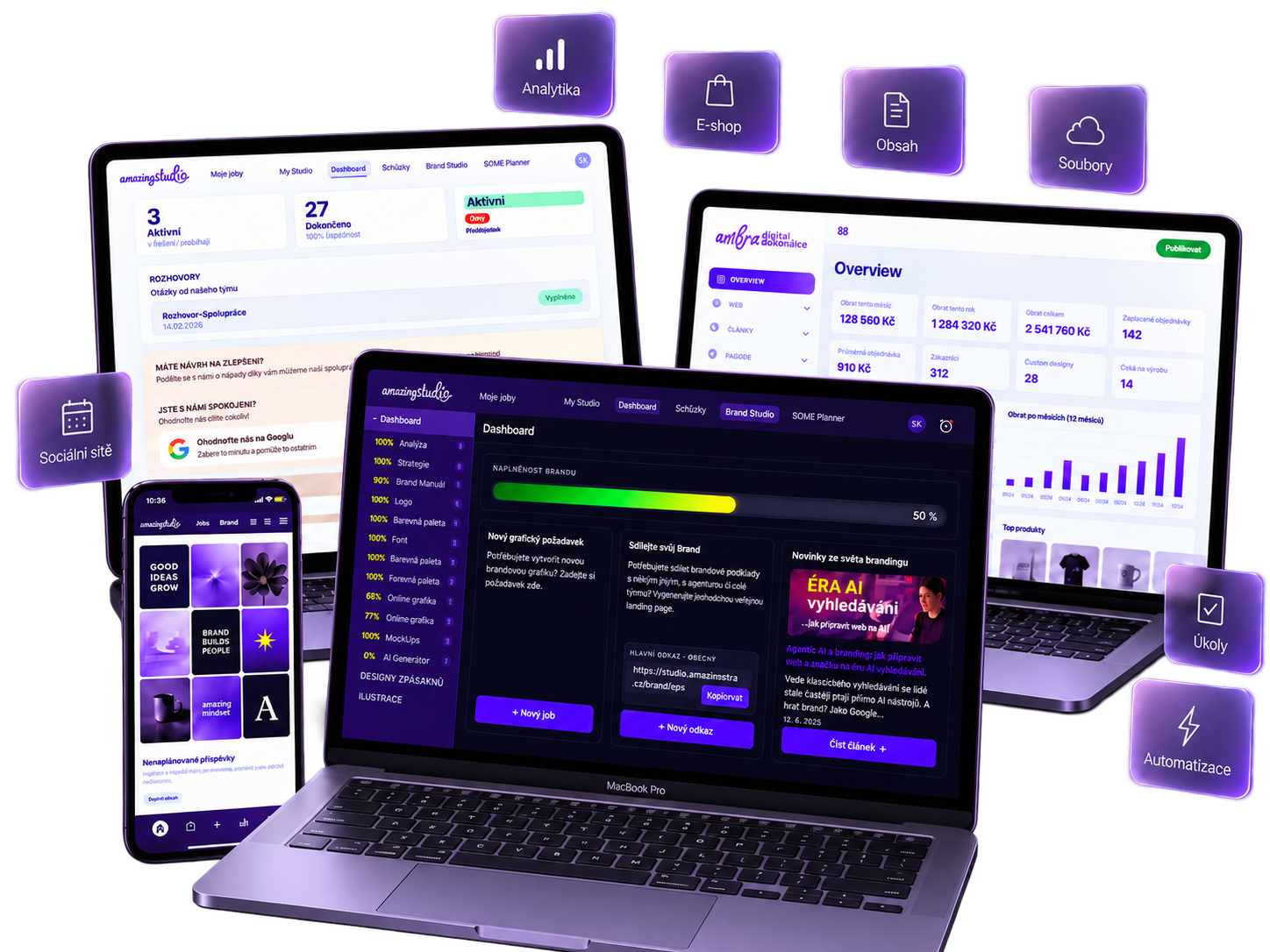 Amazing Studio a ambra digital backoffice na počítačích a telefonu