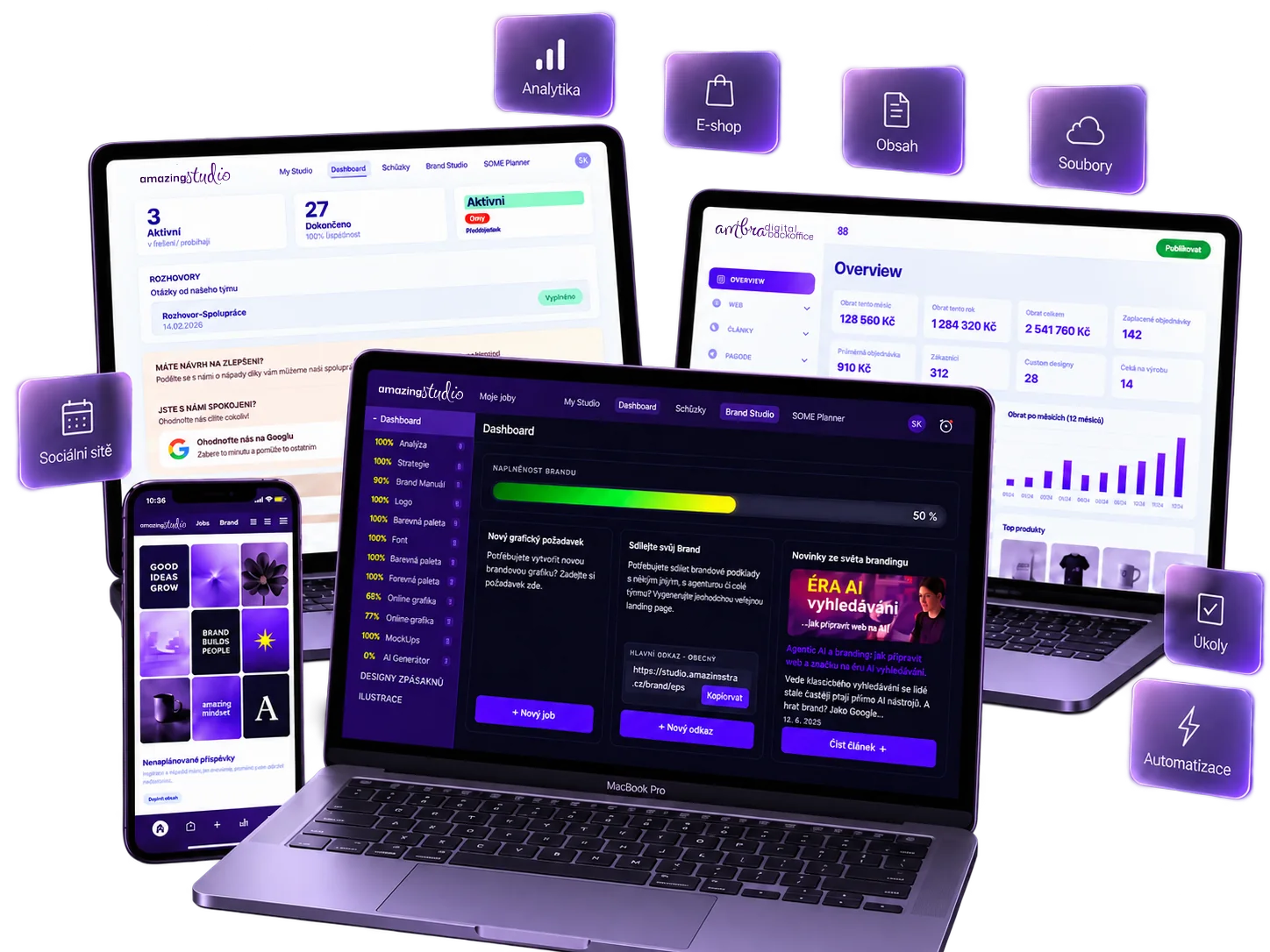 Amazing Studio a ambra digital backoffice na počítačích a telefonu